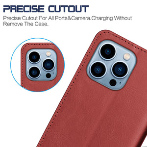 Premium Leather Flip Folio [iPhone 14 Plus] Wallet Case w/ Card Holder - Red-MyPhoneCase.com