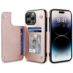 Slim Leather Back Cover [iPhone 14] Wallet Case w/ Card Holder - Rose Gold-MyPhoneCase.com