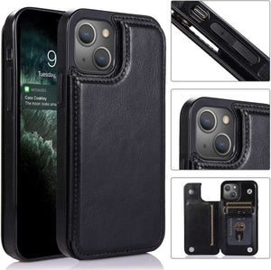 Flip Leather Cover iPhone 13 Mini Slim Wallet Case w/ Card Holder - Black-MyPhoneCase.com