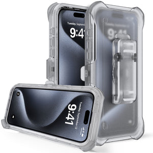 Heavy Duty Defender iPhone 15 Pro Max Case with Belt Clip Holster - Clear