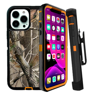 Heavy Duty Defender iPhone 13 Case with Belt Clip Holster - Tree Camo