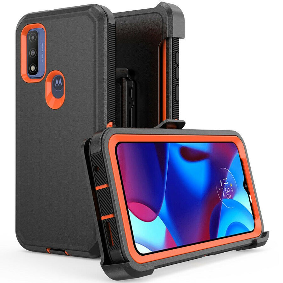 Heavy Duty Defender Moto G Power 2022 Case with Belt Clip Holster Black/Orange w/ Holster
