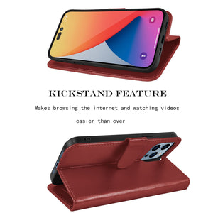Premium Leather Flip Folio [iPhone 14] Wallet Case w/ Card Holder - Red-MyPhoneCase.com