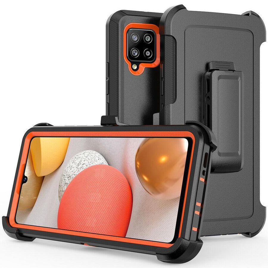 Heavy Duty Defender [Galaxy A12] Case Belt Clip Holster - Black/Orange-MyPhoneCase.com