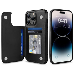 Slim Leather Back Cover [iPhone 14 Pro Max] Wallet Case w/ Card Holder - Black-MyPhoneCase.com