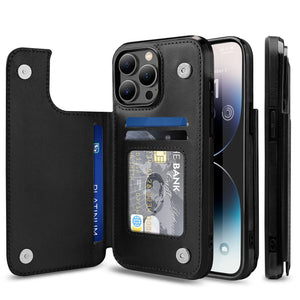 Slim Leather Back Cover [iPhone 14] Wallet Case w/ Card Holder - Black-MyPhoneCase.com