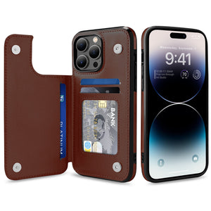 Slim Leather Back Cover [iPhone 14 Pro Max] Wallet Case w/ Card Holder - Brown-MyPhoneCase.com
