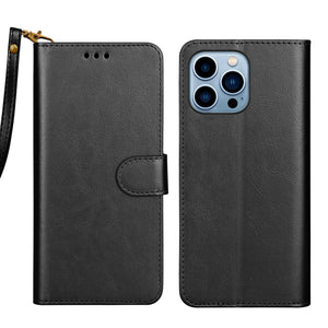 Premium Leather Flip Folio [iPhone 14 Pro] Wallet Case w/ Card Holder - Black-MyPhoneCase.com