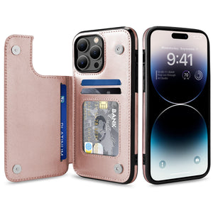 Slim Leather Back Cover [iPhone 14 Pro Max] Wallet Case w/ Card Holder - Rose Gold-MyPhoneCase.com