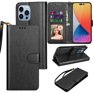 Premium Leather Flip Folio [iPhone 14 Pro] Wallet Case w/ Card Holder - Black-MyPhoneCase.com