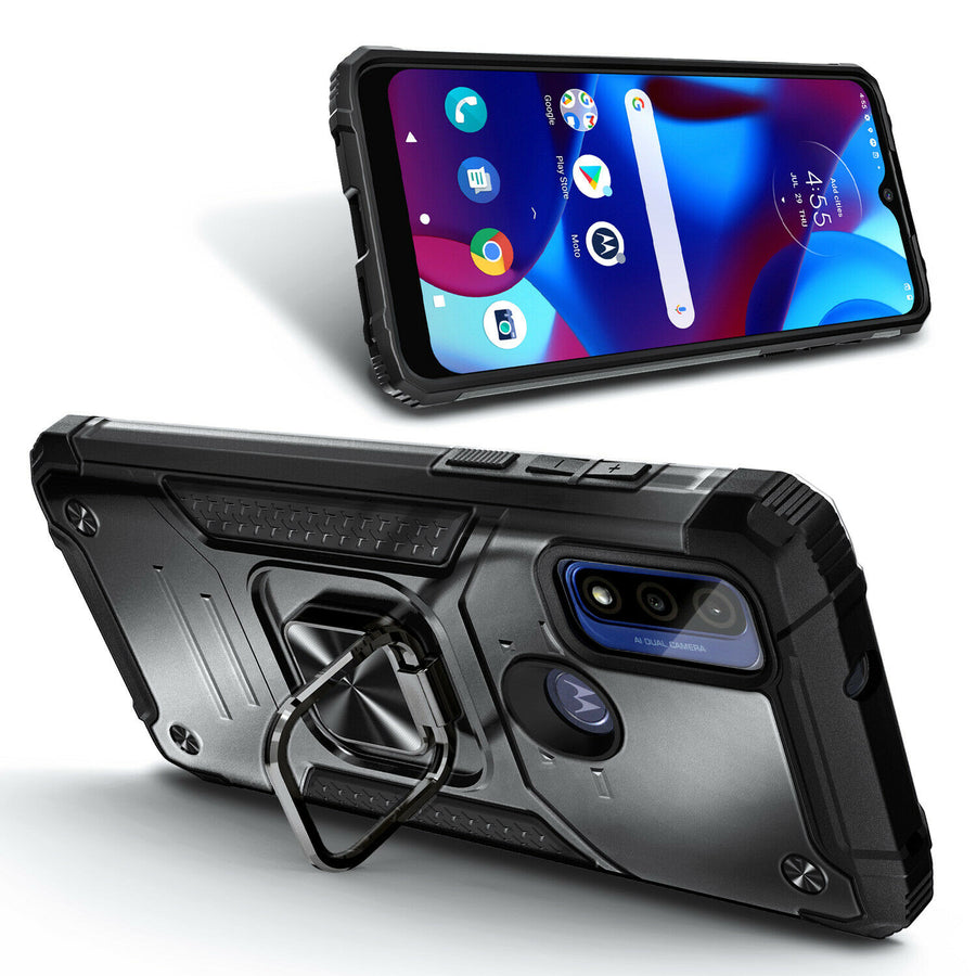 Metallic Shockproof Ring Kickstand [Moto G Pure] Case - Black-MyPhoneCase.com